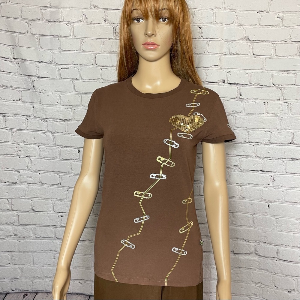 Vintage Akademiks Brown Short Sleeve Cotton Sequins Pin Print T-Shirt Size L